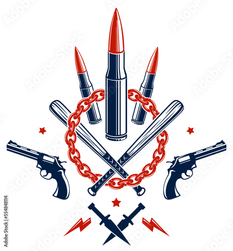 Revolution and War vector emblem with bullets and guns, logo or tattoo with lots of different design elements, riot partisan warrior, criminal and anarchist style, social tension theme.