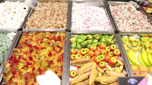 Assorted colorful jelly candies on display at a local food market