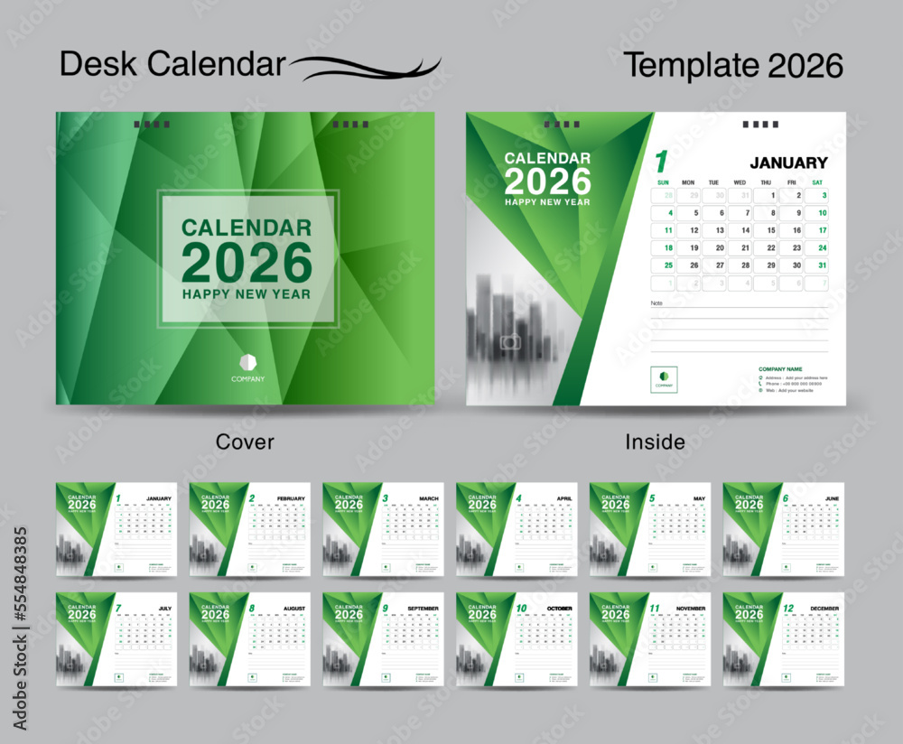 Desk Calendar 2026 template set and polygon green cover design, Set of