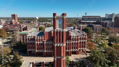 University of Oklahoma. Orbit of clock tower on campus in OK USA. Aerial. photo