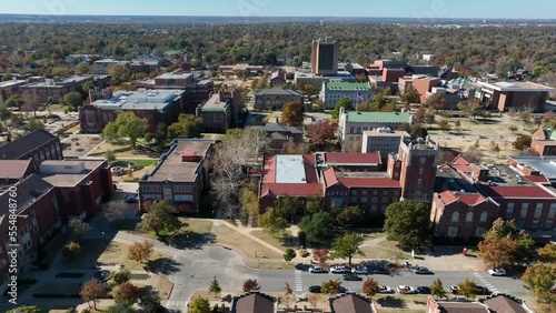 University of Oklahoma campus on the prairie in Middle America. Aerial truck shot. photo