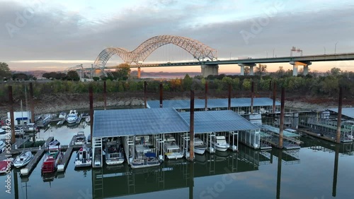 Boats at marina dock with bridge in Memphis TN USA. Aerial view. photo