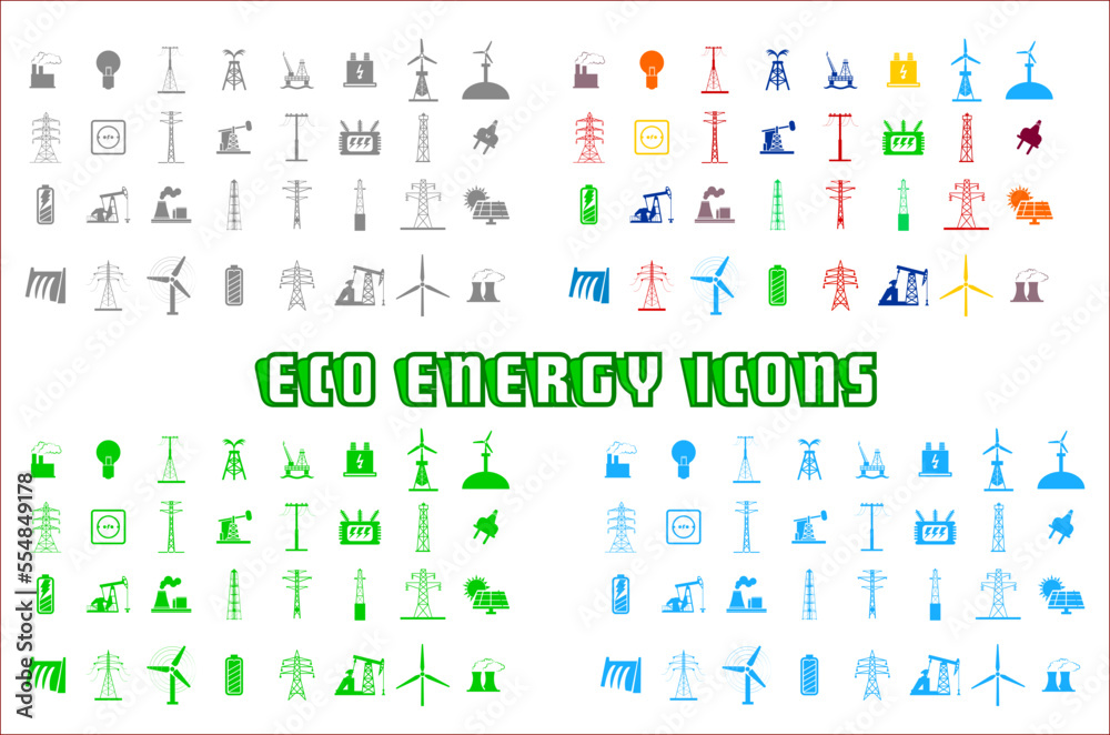 Eco Energy Icons Vector Illustration In Black, Blue And Green Color