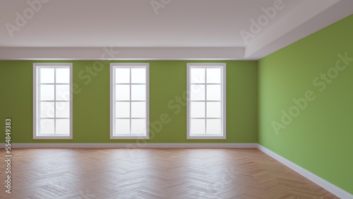 Room with Green Walls, White Ceiling and Conrnice, Three Large Windows, Herringbone Parquet Floor and a White Plinth. Beautiful Concept of the Interior, 3D render. 8K Ultra HD, 7680x4320, 300 dpi