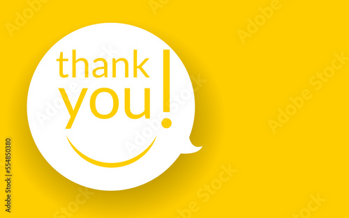 word Thank you in a bubble on a yellow background