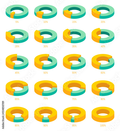 Pie chart vector 3d circle diagram infographic set. From 5% to 100%.