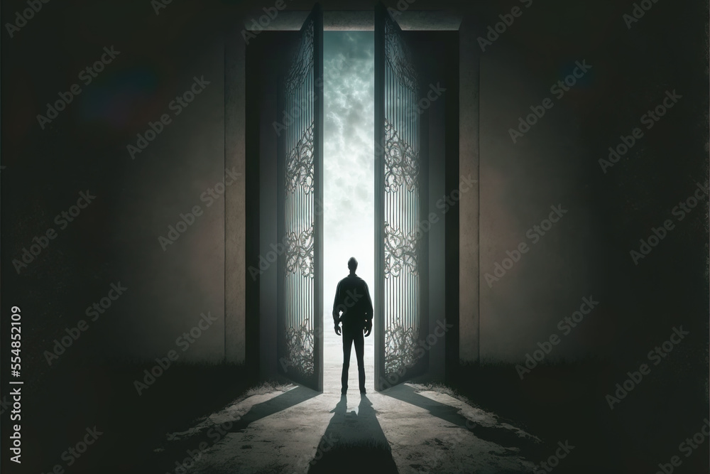man walking out of the darkness toward the light, Ai generative illustration