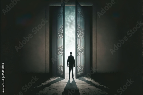 man walking out of the darkness toward the light  Ai generative illustration