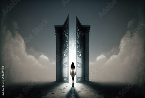 Enlightment concept, Woman walking towards the light from darkness,Ai generative illustration photo