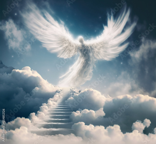 Path to Heaven, with stairs leading to an angel in the sky,  Ai generative illustration © IBEX.Media
