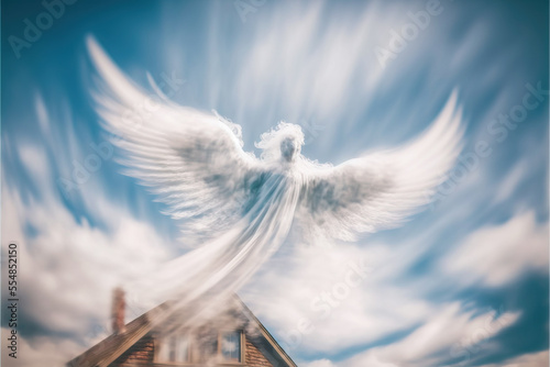Angel in the sky over house,Ai generative illustration photo
