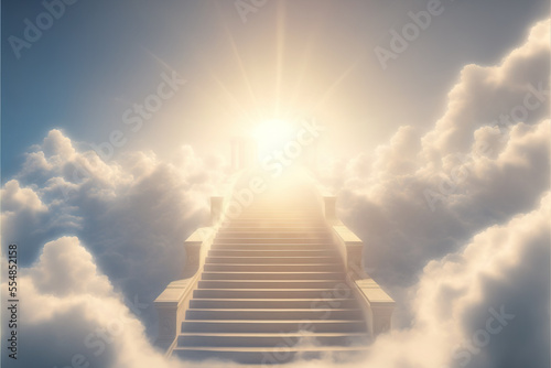 Fototapeta Path to Heaven concept, with stairs leading to bright sun in the sky, Ai generat