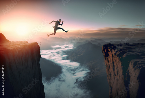 Confidence in business with Young businesman jumping over large mountain gap, Ai generative illustration