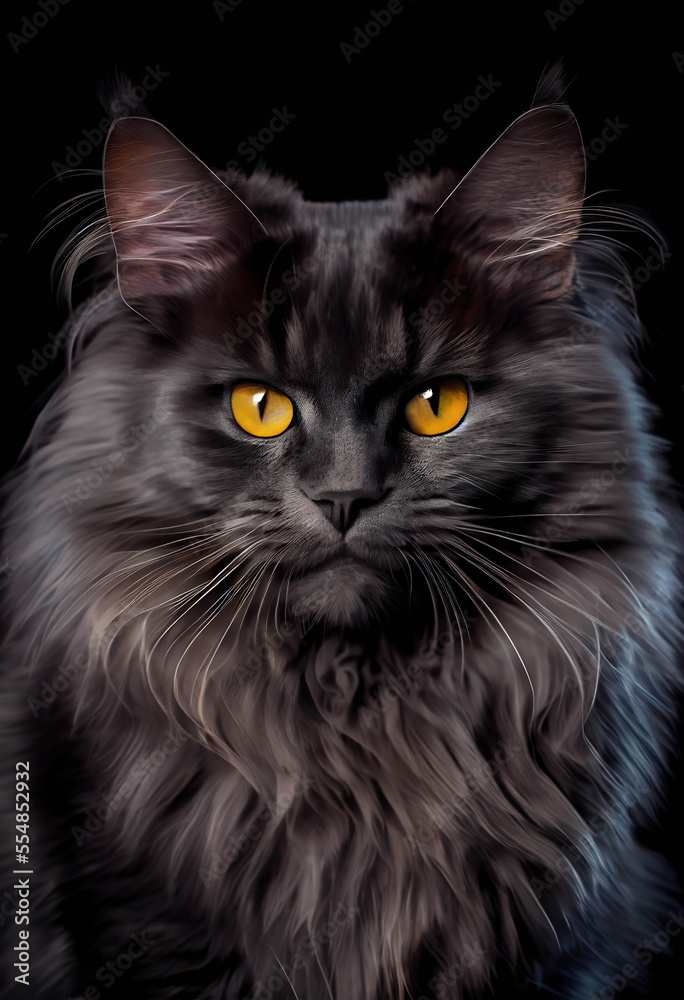 Portrait of a wonderful furry black maine coon cat with orange eyes on a black background, AI generated image