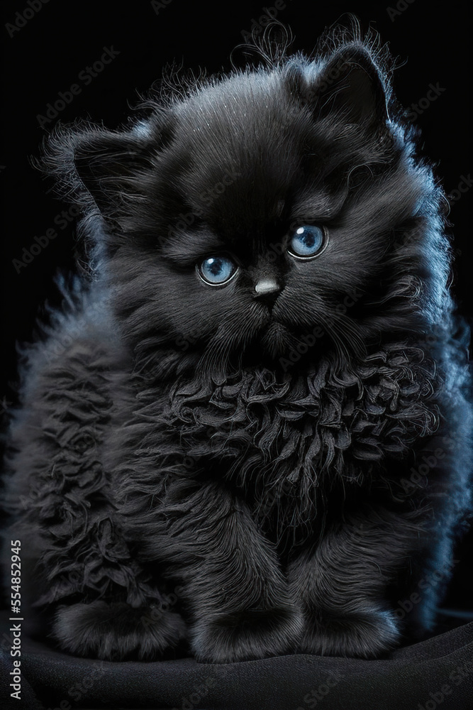 Cute and adorable black fluffy curly kitten with blue eyes on a black ...