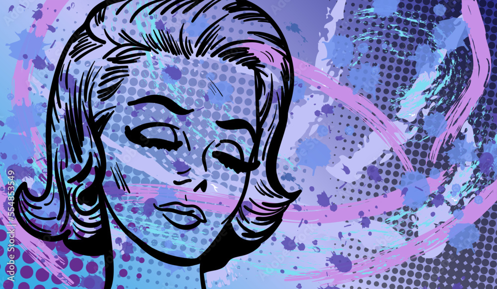 Colourful modern vector illustration in pop art style with the abstract lady in old fashion comics style. Hand-drawn vector illustration. Colourful modern vector illustration in pop art style with the abstract lady in old fashion comics style. Hand-drawn vector illustration.