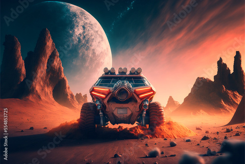 Car riding on Mars with planet on the background © Joep