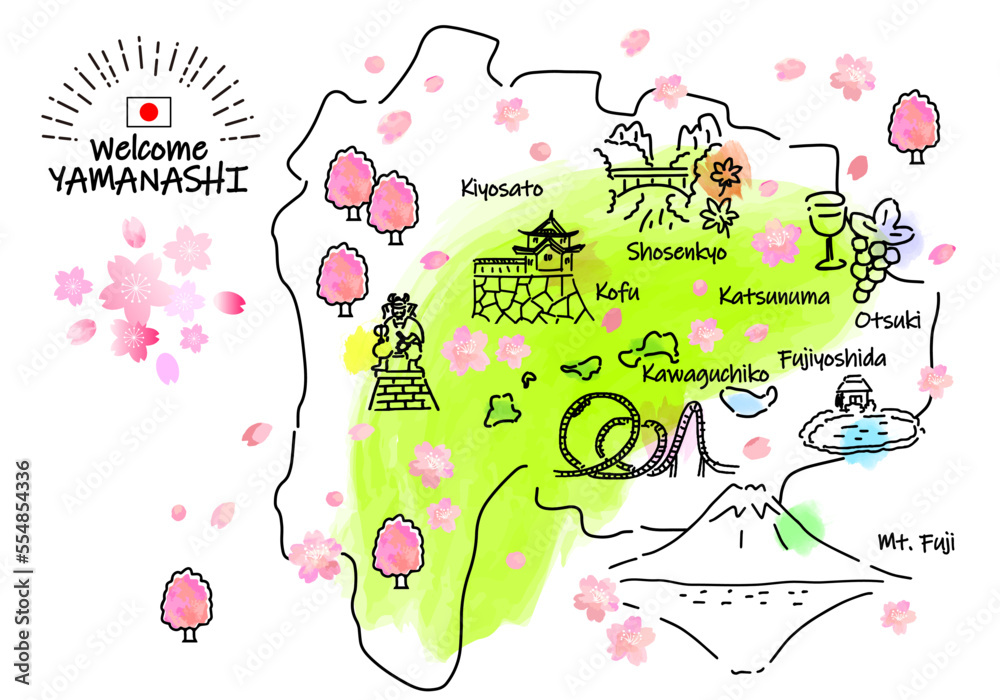 春の山梨の観光地のシンプル線画イラストマップ(緑) 春の山梨の観光地のシンプル線画イラストマップ(緑)