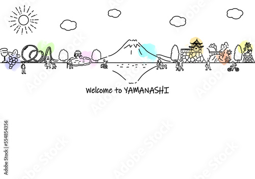 手書きの山梨県の街並みと人々のシンプル線画