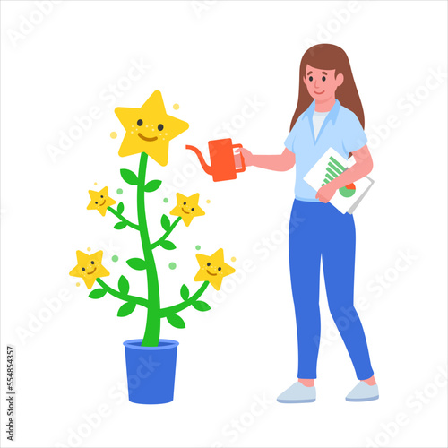 Woman grow up best rating tree plants vector illustration