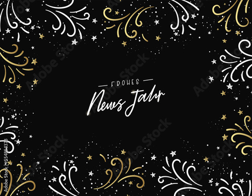 Cute hand drawn New Years banner with fireworks and German type saying "Happy New Year", great for banners, cards, invitations