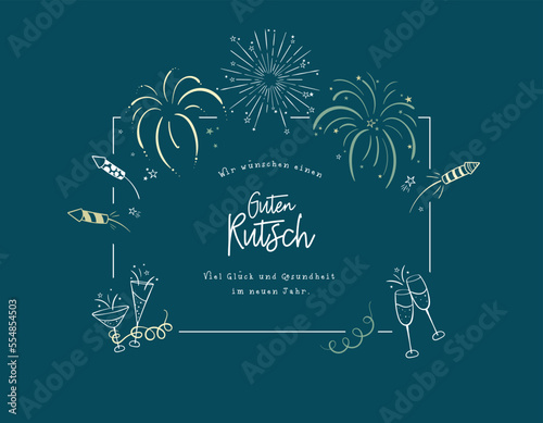 Cute hand drawn New Years banner with fireworks and German type saying "Happy New Year", great for banners, cards, invitations