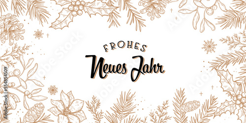 Cute hand drawn New Years banner with fireworks and German type saying "Happy New Year", great for banners, cards, invitations