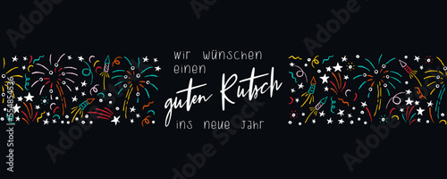 Cute hand drawn New Years banner with fireworks and German type saying "Happy New Year", great for banners, cards, invitations