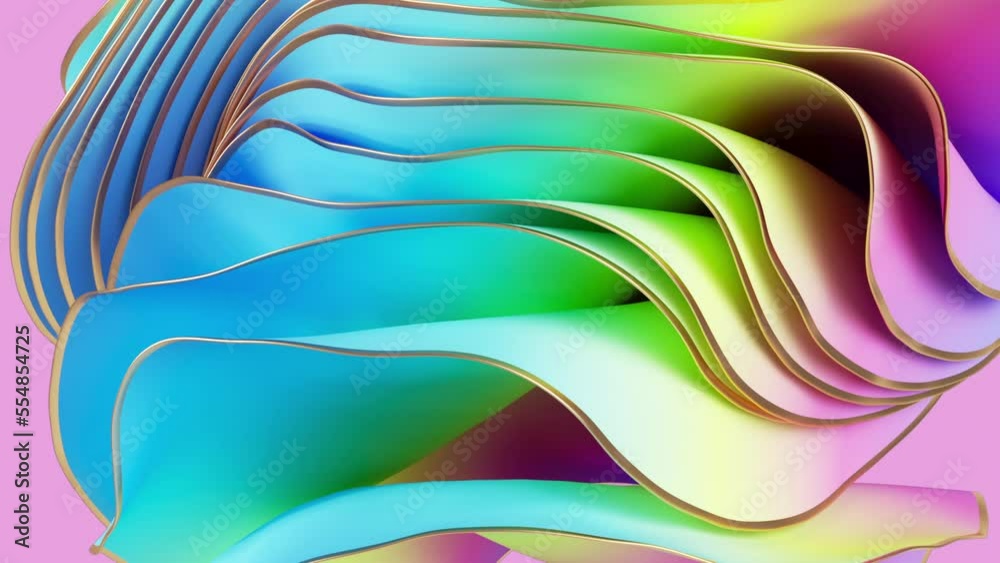 modern 3d animation, abstract fashion background with waving layers of colorful elastic textile, flexible colorful ruffles, fluttering drapery folds and curves, pastel gradient. Animated wallpaper