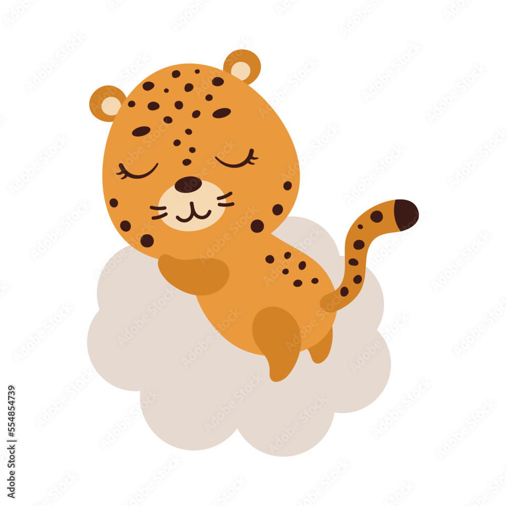 Cute little jaguar sleeping on cloud. Cartoon animal character for kids t-shirt, nursery decoration, baby shower, greeting cards, invitations, house interior. Vector stock illustration Cute little jaguar sleeping on cloud. Cartoon animal character for kids t-shirt, nursery decoration, baby shower, greeting cards, invitations, house interior. Vector stock illustration