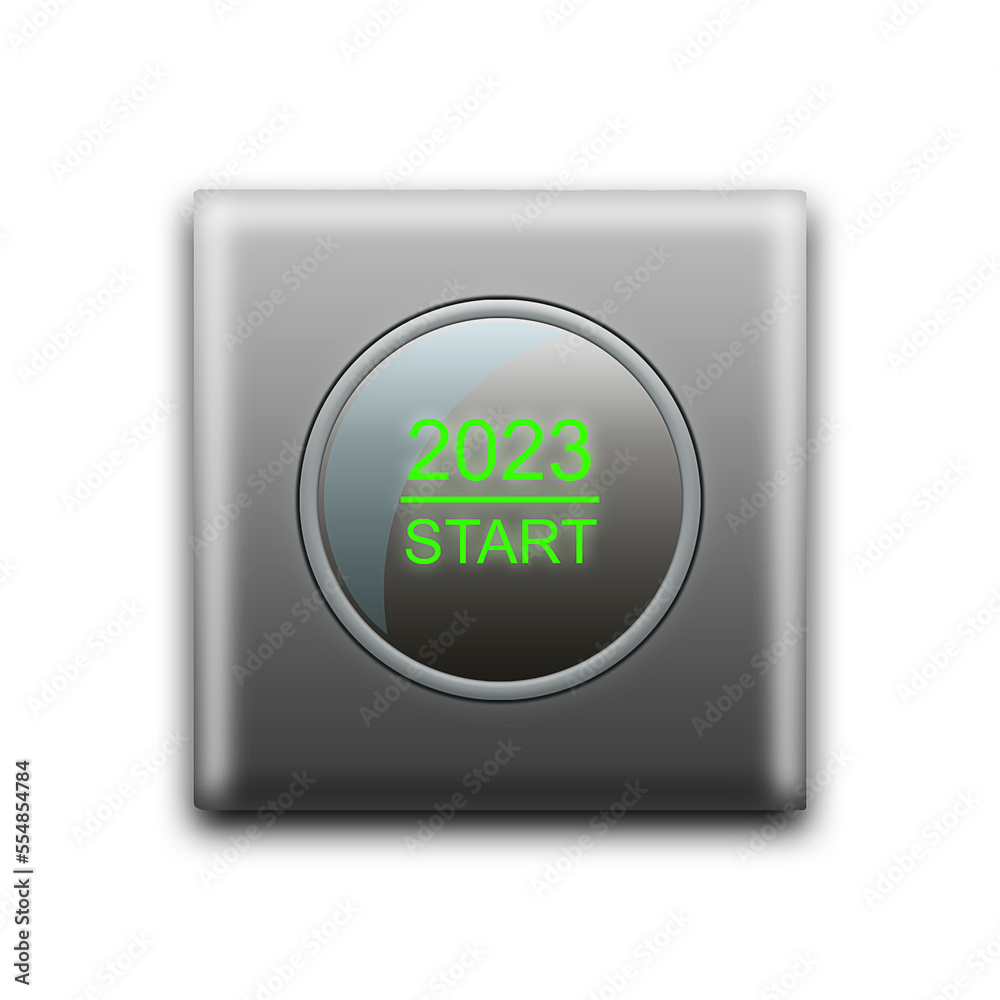 Switch with start button 2023, isolated on white background. Concept for New Year 2023 start. 3D illustration Design element. Business. Lifestyle. Switch with start button 2023, isolated on white background. Concept for New Year 2023 start. 3D illustration Design element. Business. Lifestyle.