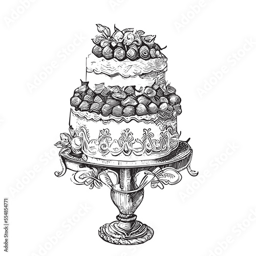 Birthday cake with berries and cream hand drawn sketch Vector illustration.