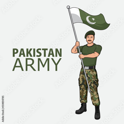 Pakistan Army soldier holding flag of Pakistan with pride vector illustration