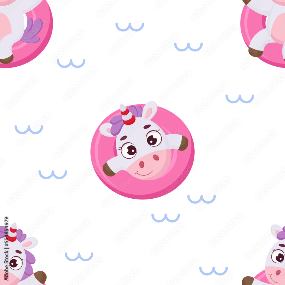 Cute magical unicorn floats on pink circle seamless childish pattern. Funny magic unicorn cartoon character for fabric, wrapping, textile, wallpaper, apparel. Vector illustration