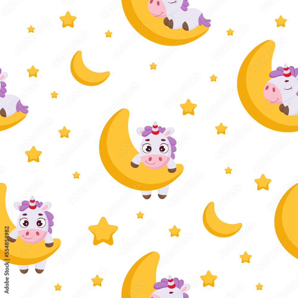 Cute magical unicorn on moon seamless childish pattern. Funny magic unicorn cartoon character for fabric, wrapping, textile, wallpaper, apparel. Vector illustration
