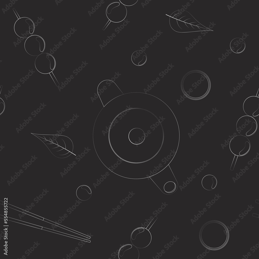 Japanese seamless pattern. Pattern with tea and japanese dango. Asian cuisine.. Black and white background. 