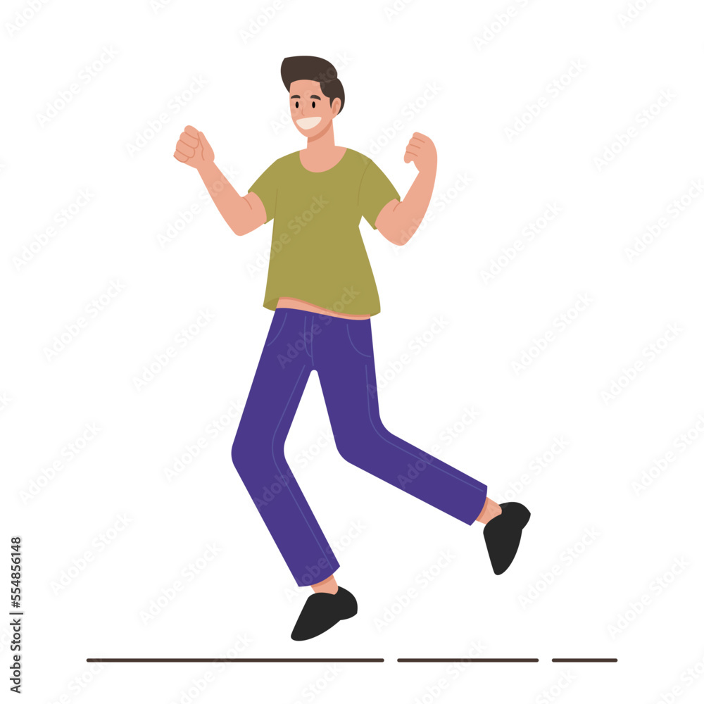 Happy young man jumping with joyful, success and celebration idea, flat vector illustration