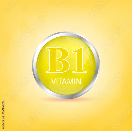 Vitamin B1 icon structure yellow substance. Personal care, beauty concept. Medicine health symbol of thiamine. Drug business concept. 3D Vector Illustration. Vitamin complex with chemical formula.	
