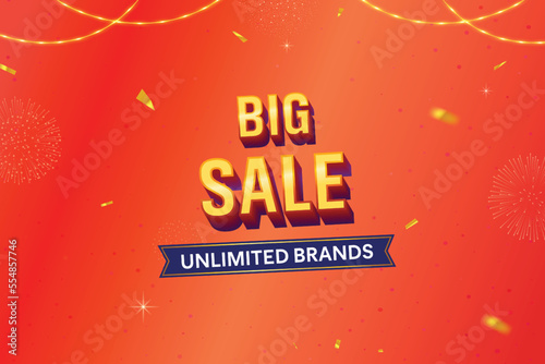 Big Sale 3D text with hanging light and golden confetti on red background. Grand sale banner concept.