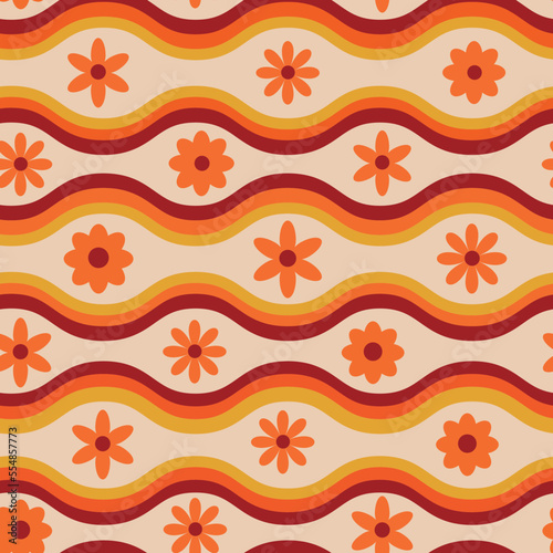 Groovy retro flowers seamless pattern on groovy waves seamless pattern on light cream background. for fabric, textile and home decor 
