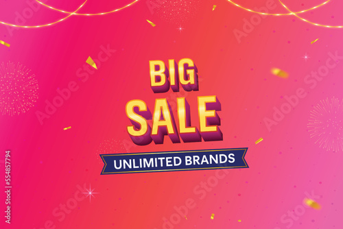Big Sale 3D text with hanging light and golden confetti on pink background. Grand sale banner concept.