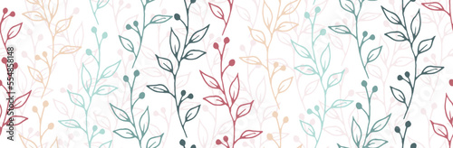 Berry bush twigs organic vector seamless ornament. Cute floral fabric print. Meadow plants foliage and blossom illustration. Berry bush branches flat endless background