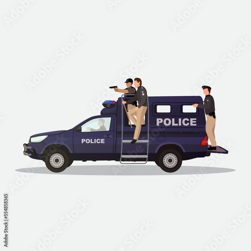 Pakistan Police car vehicle with police officers Karachi Sindh Police Mobile Detailed Vector illustration