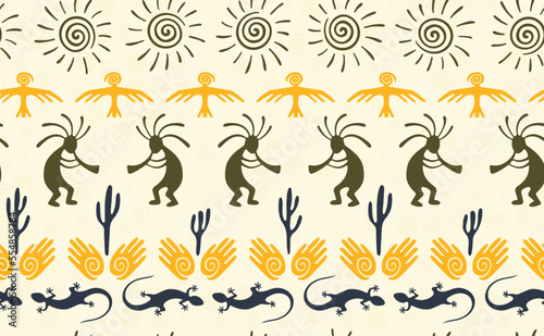 Kokopelli with flute  pangolin  hawk  sun symbol  hands and plant tribal vector seamless pattern.