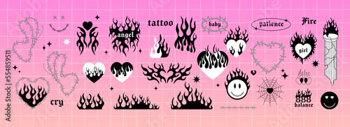 y2k gothic flame tattoo stickers. Retro psychedelic love art. Vector illustration of hand drawn elements, barbed wire, fire, butterfly, heart. Aesthetic nostalgic 2000s goth girly icons.