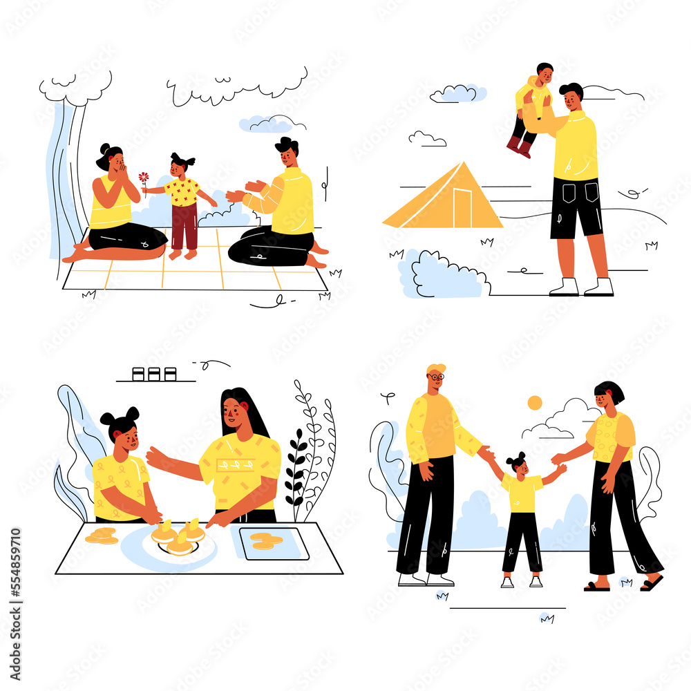 Healthy families concept set in flat line design. Parents and children relaxing on picnic or camping, preparing lunch or walking in park together. Illustration with outline colorful web scenes