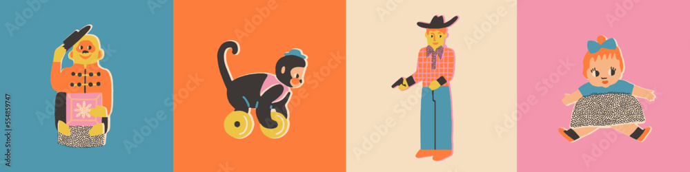 Various Toys for kids in vintage style. Monkey, baby doll, cowboy illustration. Childhood, children games, preschool activities concept. Vector illustration