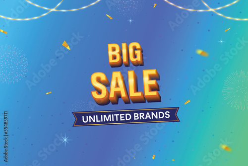 Big Sale 3D text with hanging light and golden confetti on blue background. Grand sale banner concept.