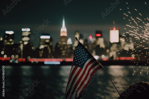 An american flag and fireworks. New york city on the background, generative ai