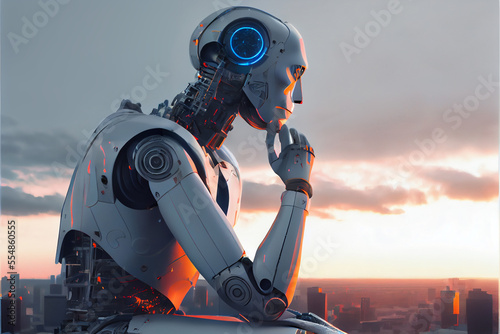 Artificial intelligence, robot thinking about world, looking at the city. Futuristic concept.